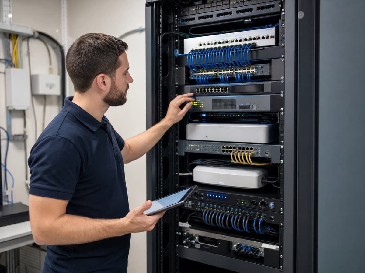 Computer Networking Services Edmonton Network Support and Computer Networking Services in Edmonton — structured network rack, Wi-Fi, firewall, and cabling review.
